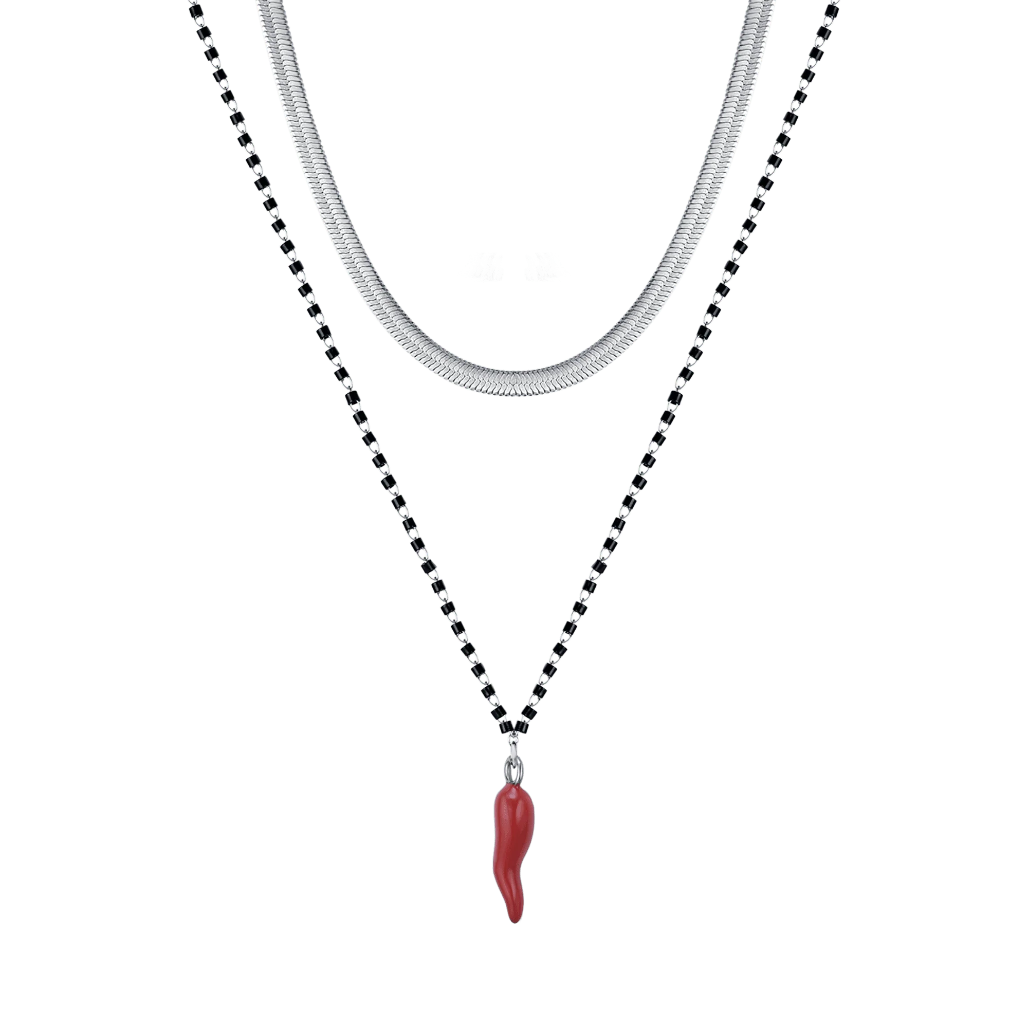 COLLANA DONNA IN ACCIAIO CON CORNO CON SMALTO ROSSO ED ELEMENTI NERI