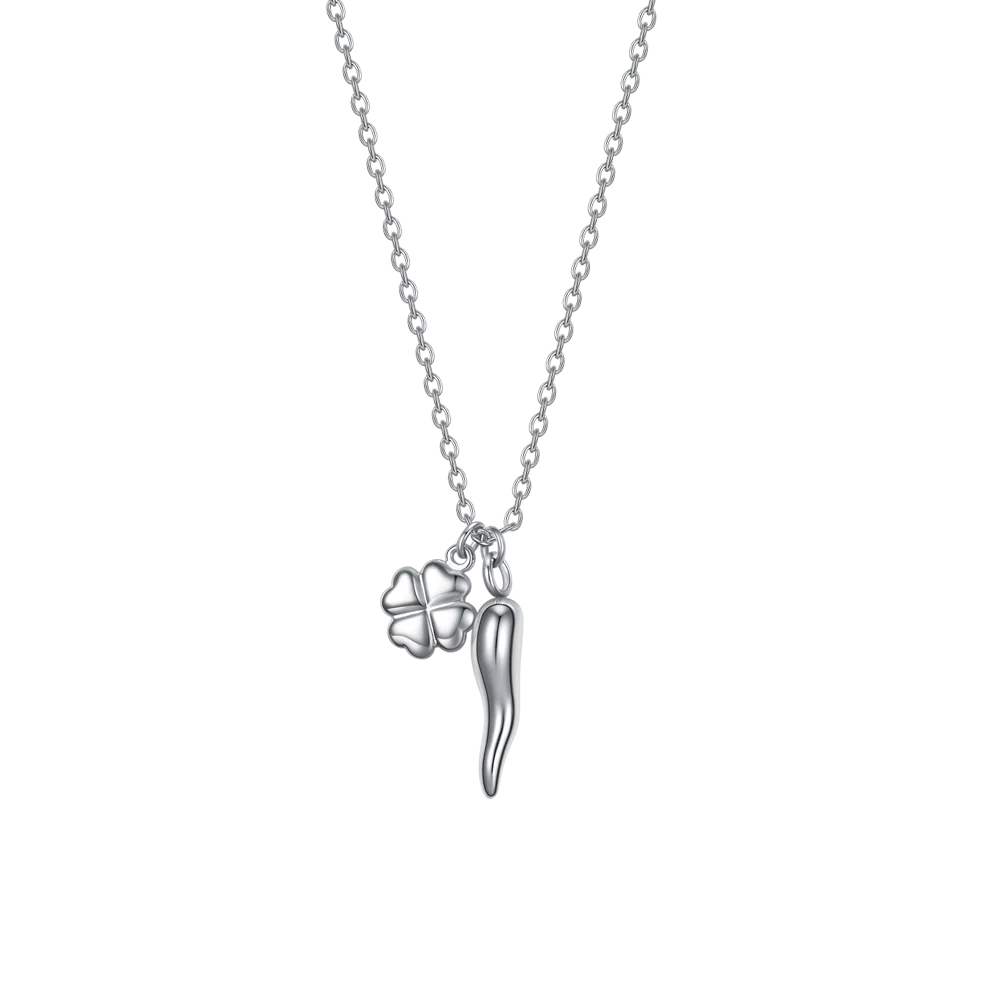 COLLANA DONNA IN ACCIAIO CON CORNO E QUADRIFOGLIO