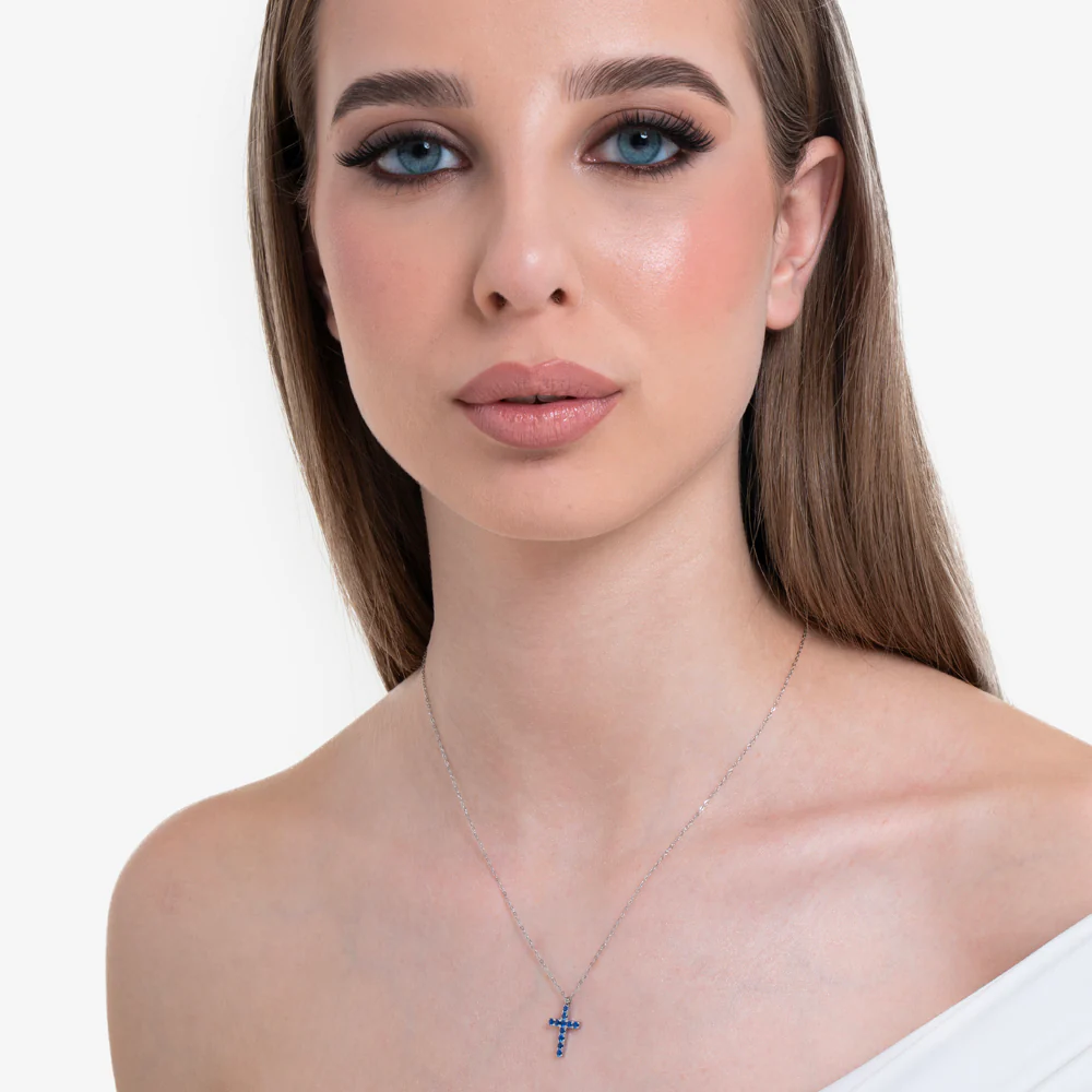COLLANA DONNA IN ACCIAIO CON CROCE E ZIRCONI BLU - Image 3