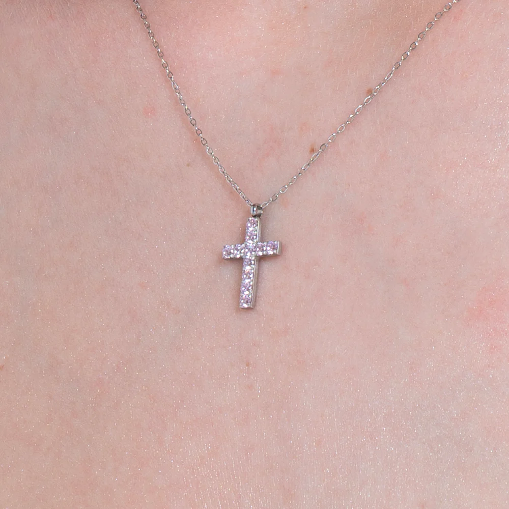 COLLANA DONNA IN ACCIAIO CON CROCE E ZIRCONI ROSA - Image 2
