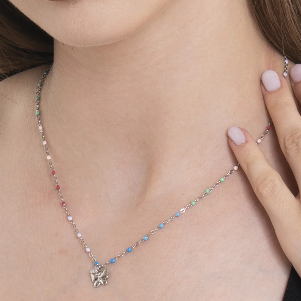COLLANA DONNA IN ACCIAIO CON FARFALLA, CRISTALLO E PIETRE CON SMALTO MULTICOLOR - Image 2