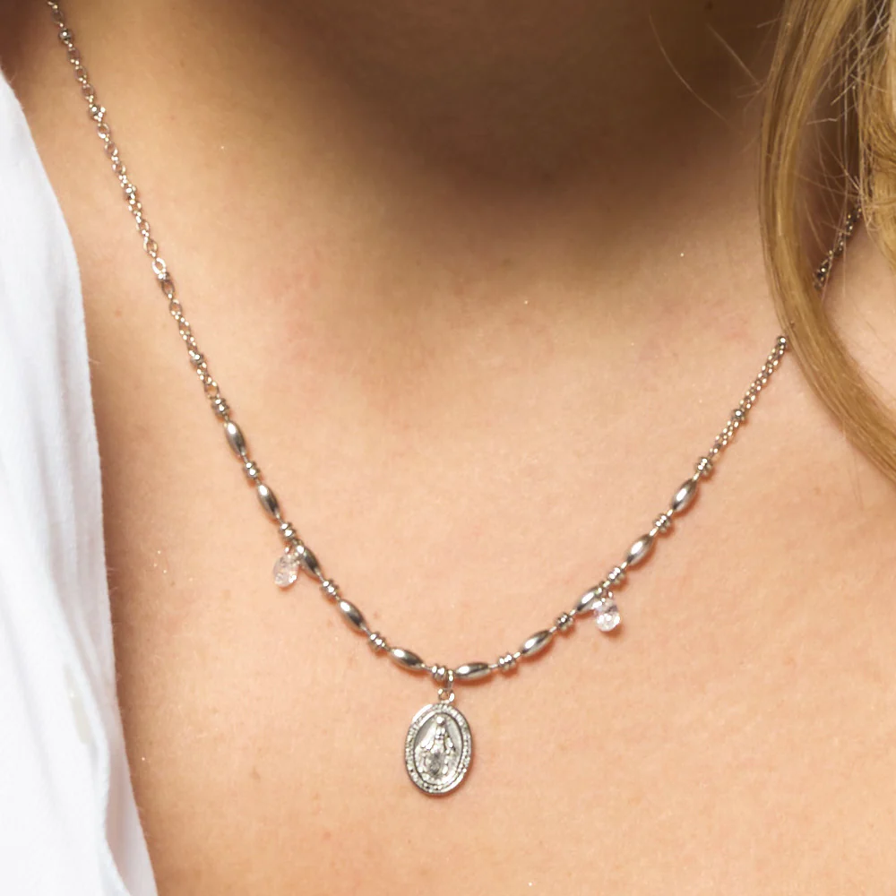 COLLANA DONNA IN ACCIAIO CON MADONNINA MIRACOLOSA E ZIRCONI BIANCHI - Image 2