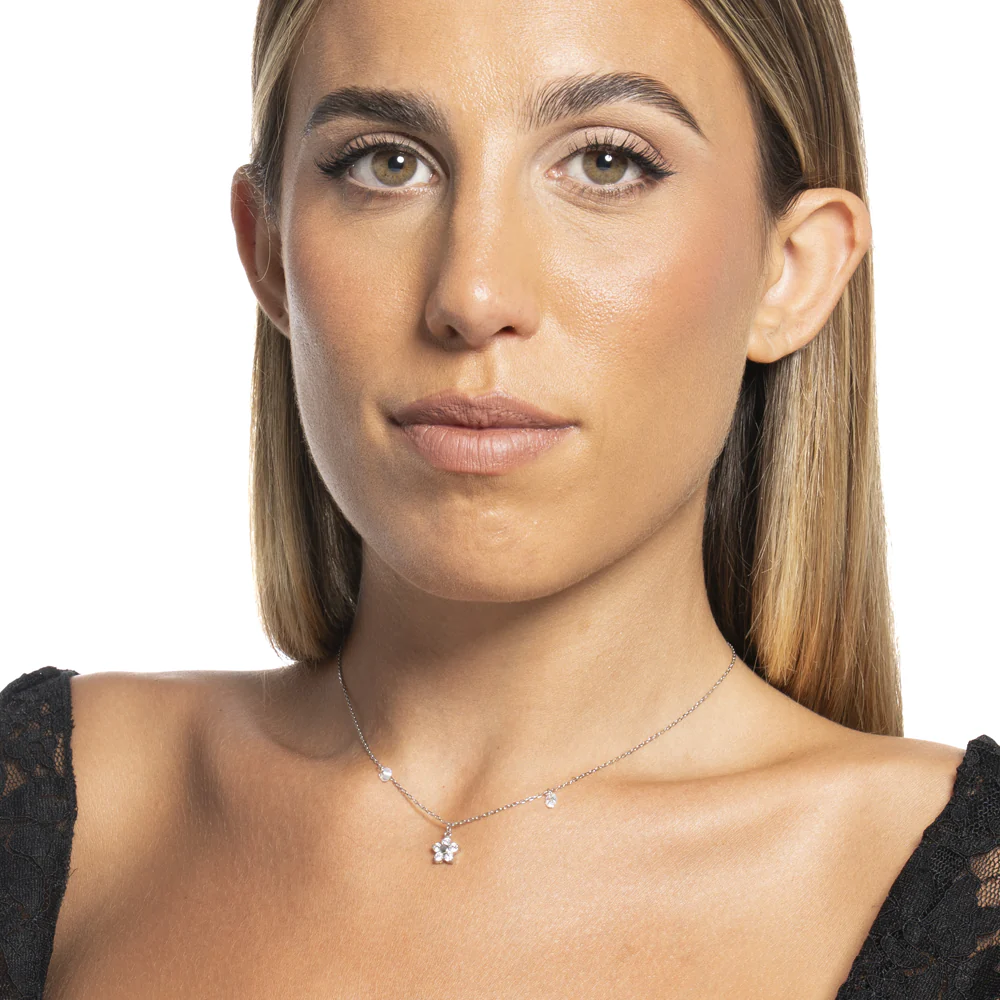 COLLANA DONNA IN ACCIAIO CON PENDENTE FIORE CON E PETALI ZIRCONE BIANCO - Image 3