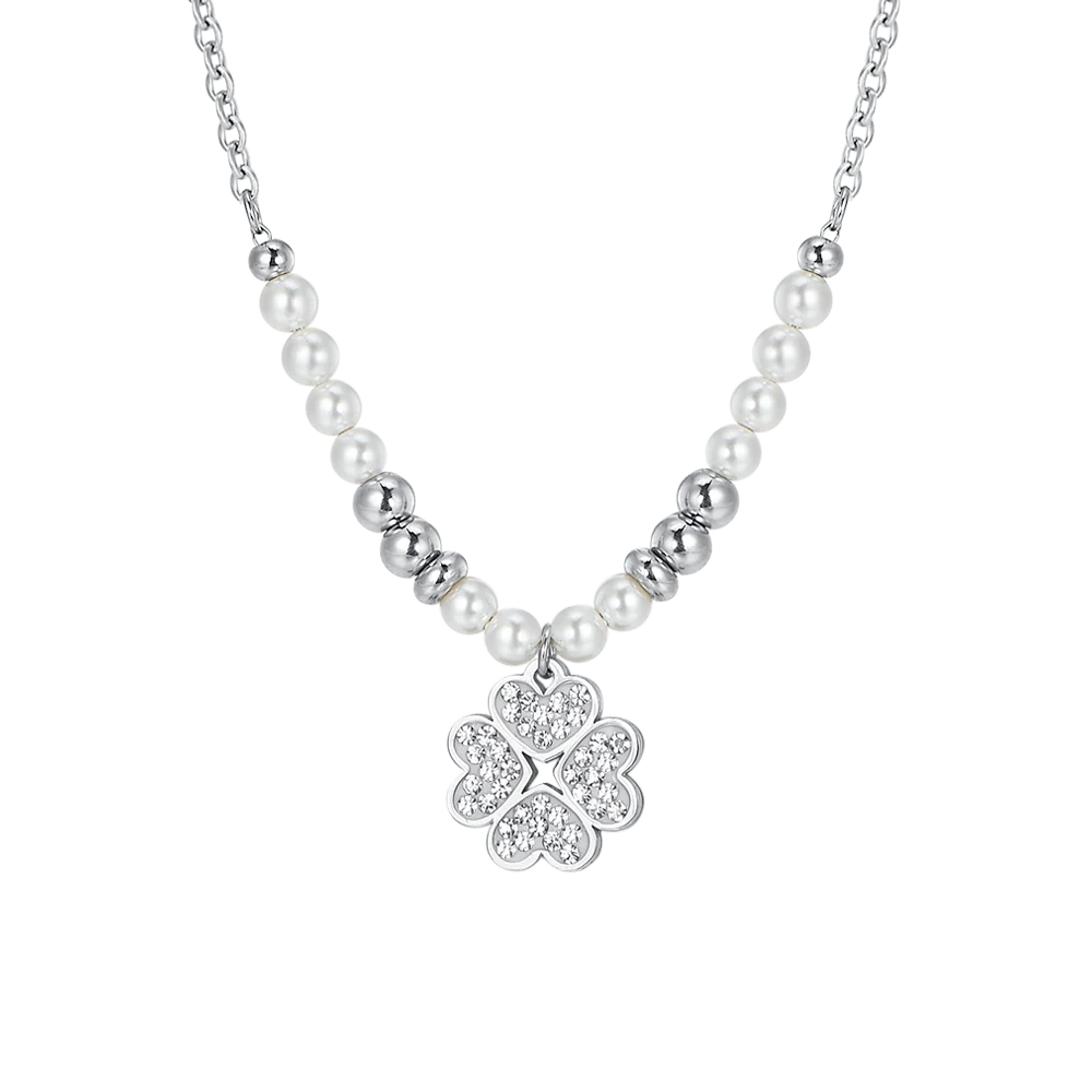 COLLANA DONNA IN ACCIAIO CON PERLE E QUADRIFOGLIO