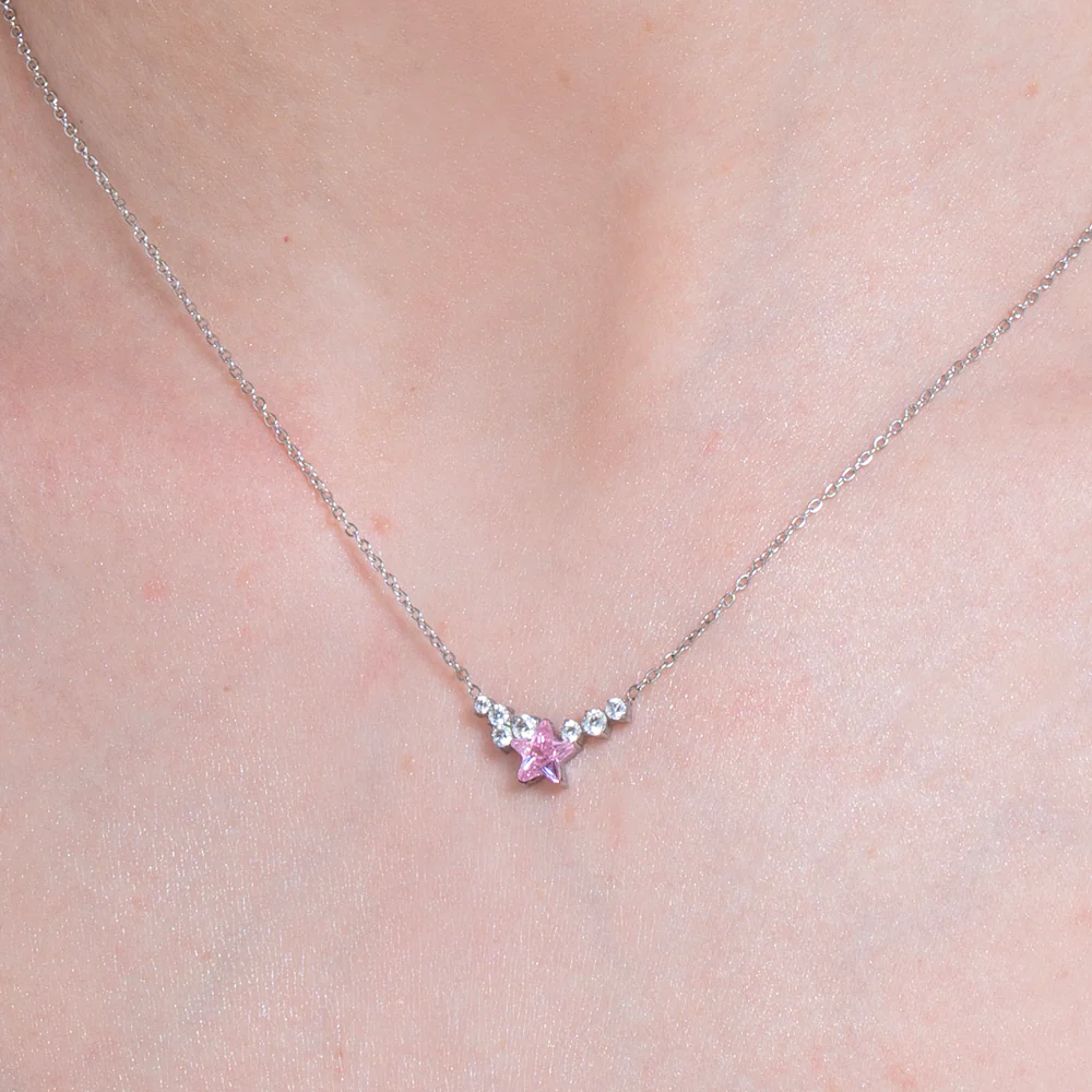 COLLANA DONNA IN ACCIAIO CON STELLA ROSA E CRISTALLI BIANCHI - Image 2