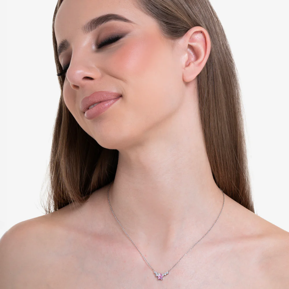 COLLANA DONNA IN ACCIAIO CON STELLA ROSA E CRISTALLI BIANCHI - Image 3