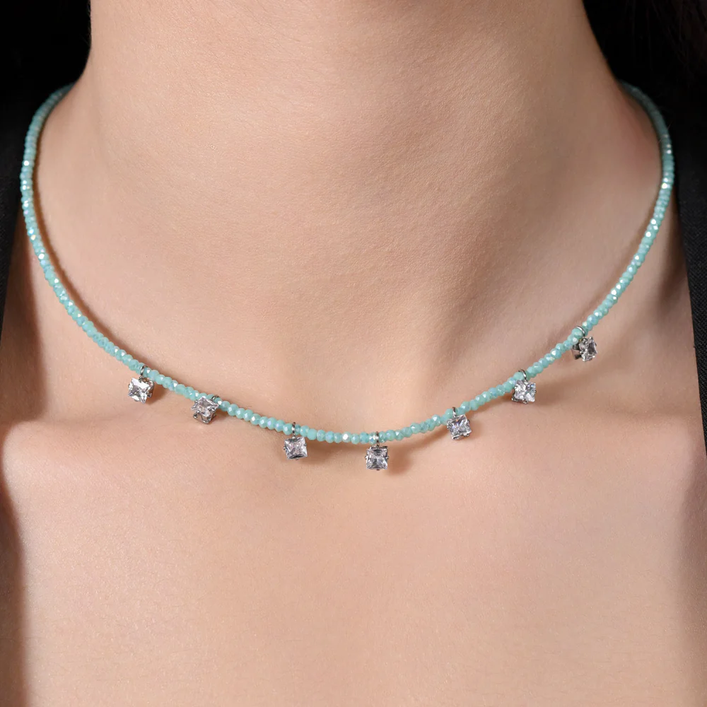 COLLANA DONNA IN ACCIAIO CRISTALLI TURCHESI E ZIRCONI BIANCHI - Image 2