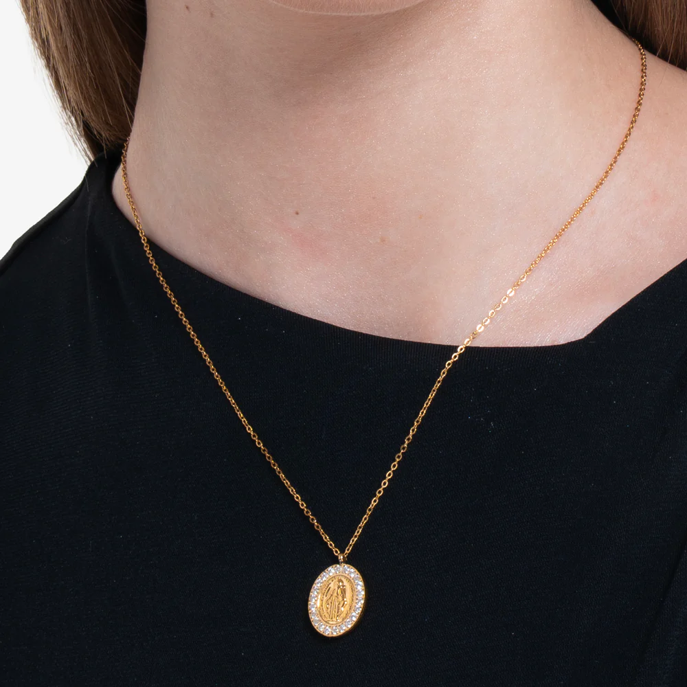 COLLANA DONNA IN ACCIAIO IP GOLD, MADONNINA MIRACOLOSA E ZIRCONI BIANCHI - Image 2