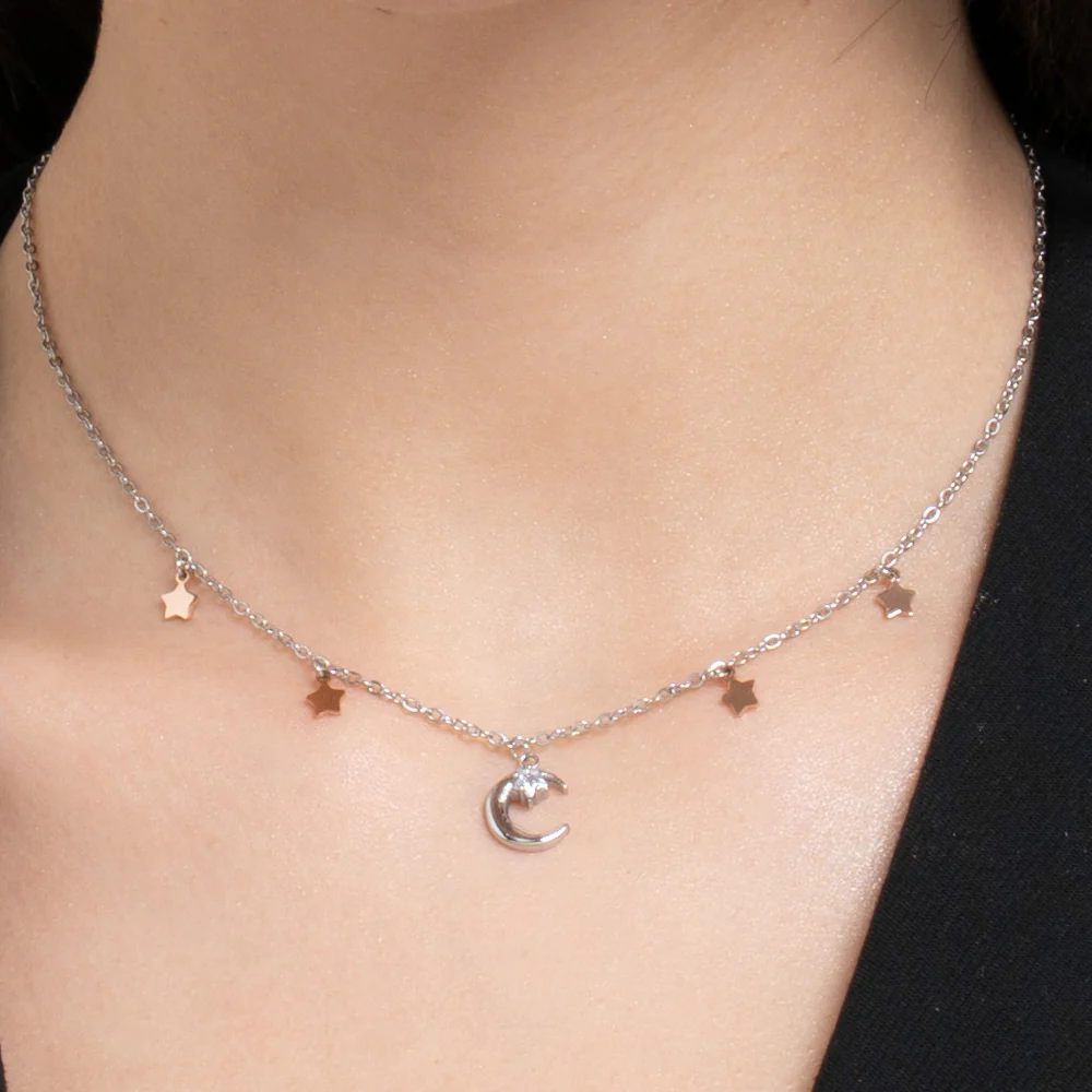 COLLANA DONNA IN ACCIAIO, LUNA CON ZIRCONE BIANCO E STELLE - Image 2