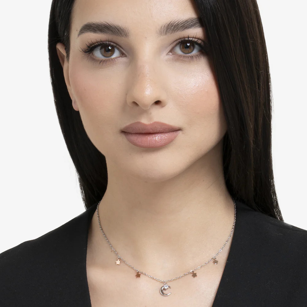 COLLANA DONNA IN ACCIAIO, LUNA CON ZIRCONE BIANCO E STELLE - Image 3