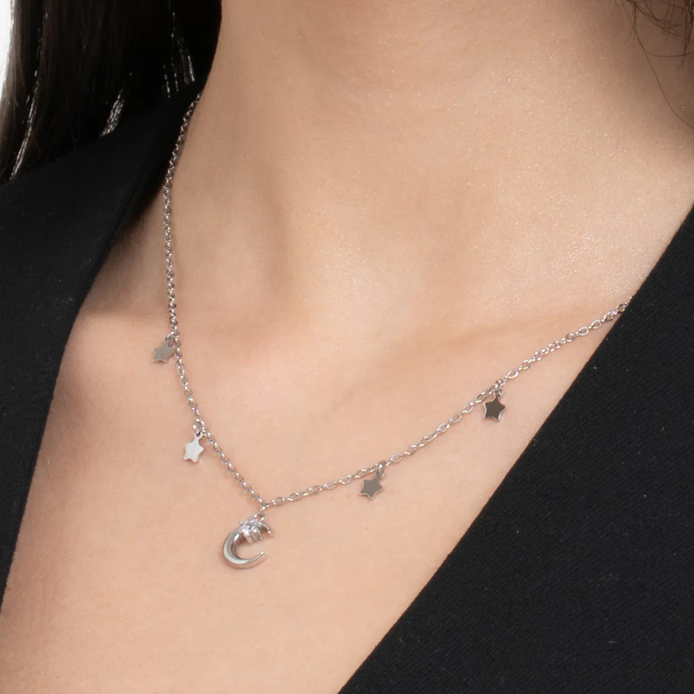 COLLANA DONNA IN ACCIAIO, LUNA CON ZIRCONE BIANCO E STELLE - Image 2