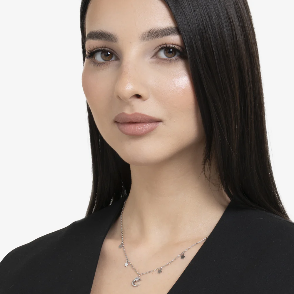COLLANA DONNA IN ACCIAIO, LUNA CON ZIRCONE BIANCO E STELLE - Image 3
