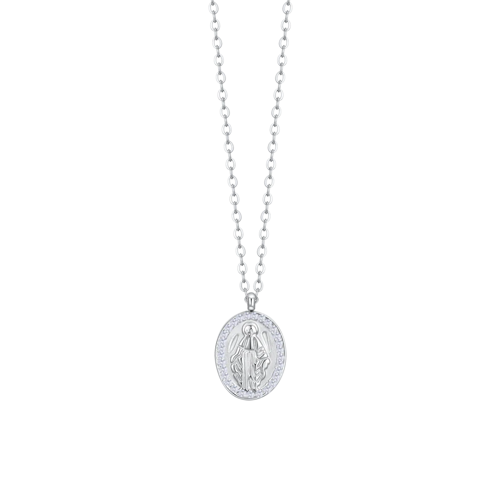 COLLANA DONNA IN ACCIAIO, MEDAGLIETTA CON MADONNINA E ZIRCONI BIANCHI