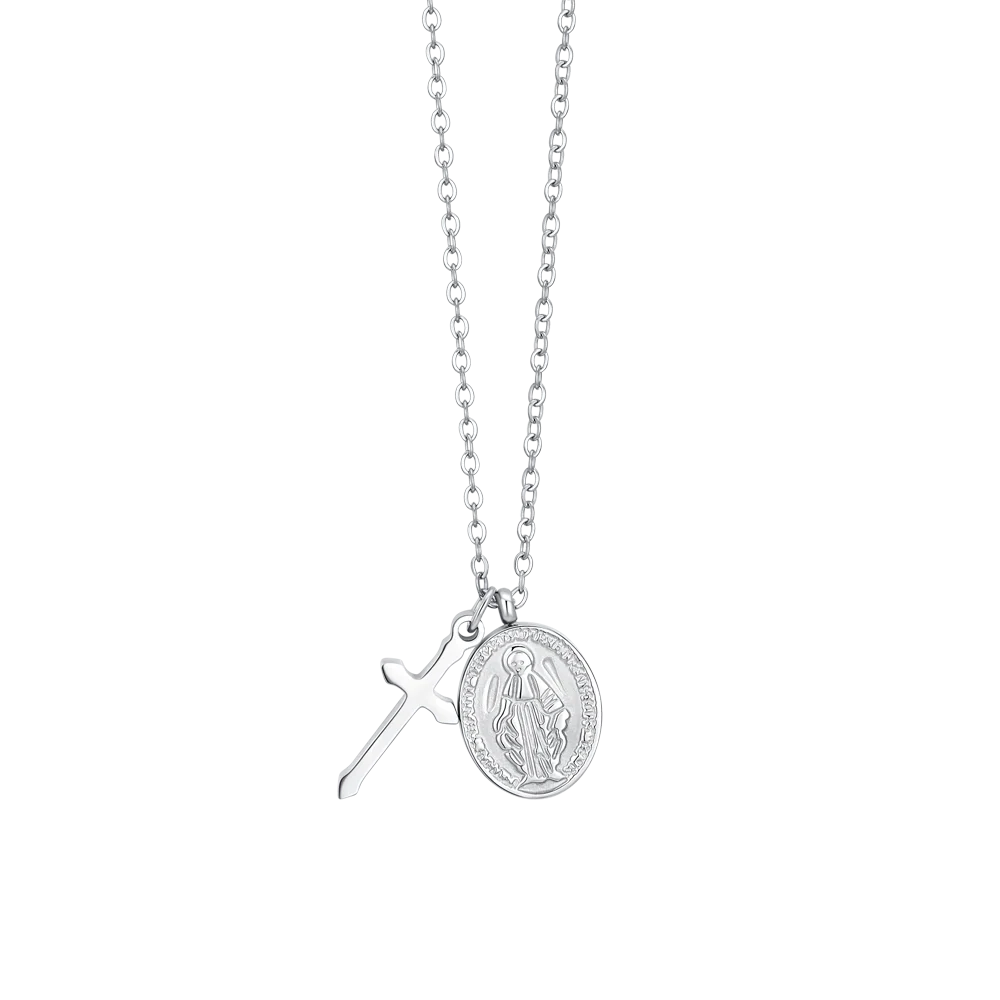 COLLANA DONNA IN ACCIAIO, MEDAGLIETTA CON MADONNINA MIRACOLOSA E CROCE