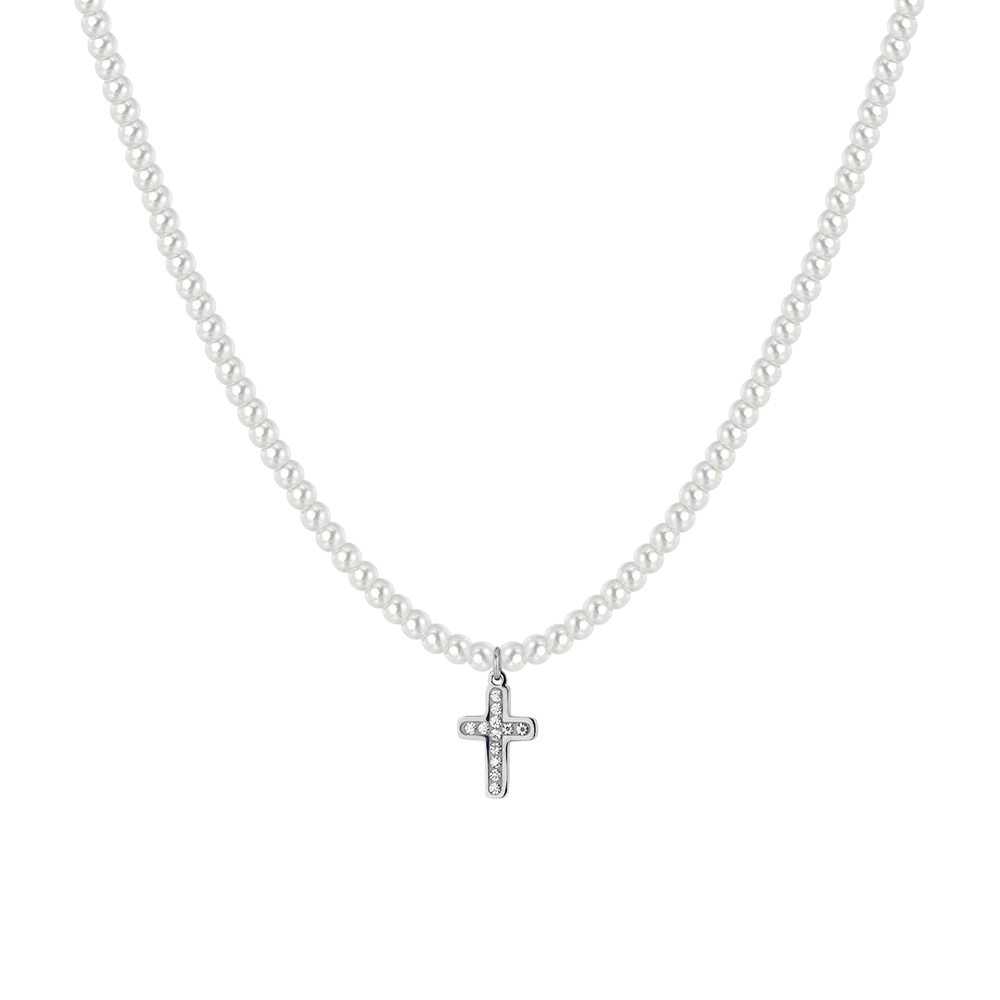 COLLANA DONNA IN ACCIAIO PERLE E CROCE