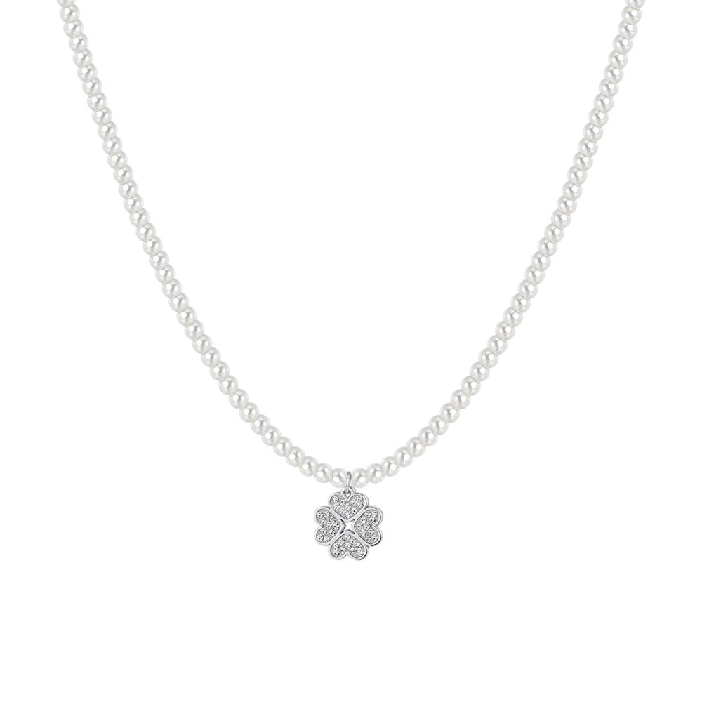 COLLANA DONNA IN ACCIAIO PERLE E QUADRIFOGLIO
