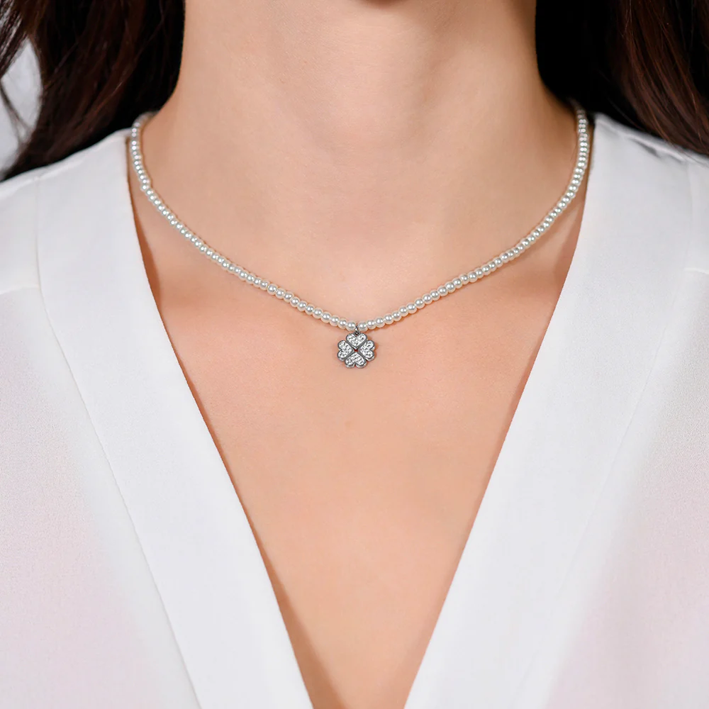 COLLANA DONNA IN ACCIAIO PERLE E QUADRIFOGLIO - Image 2