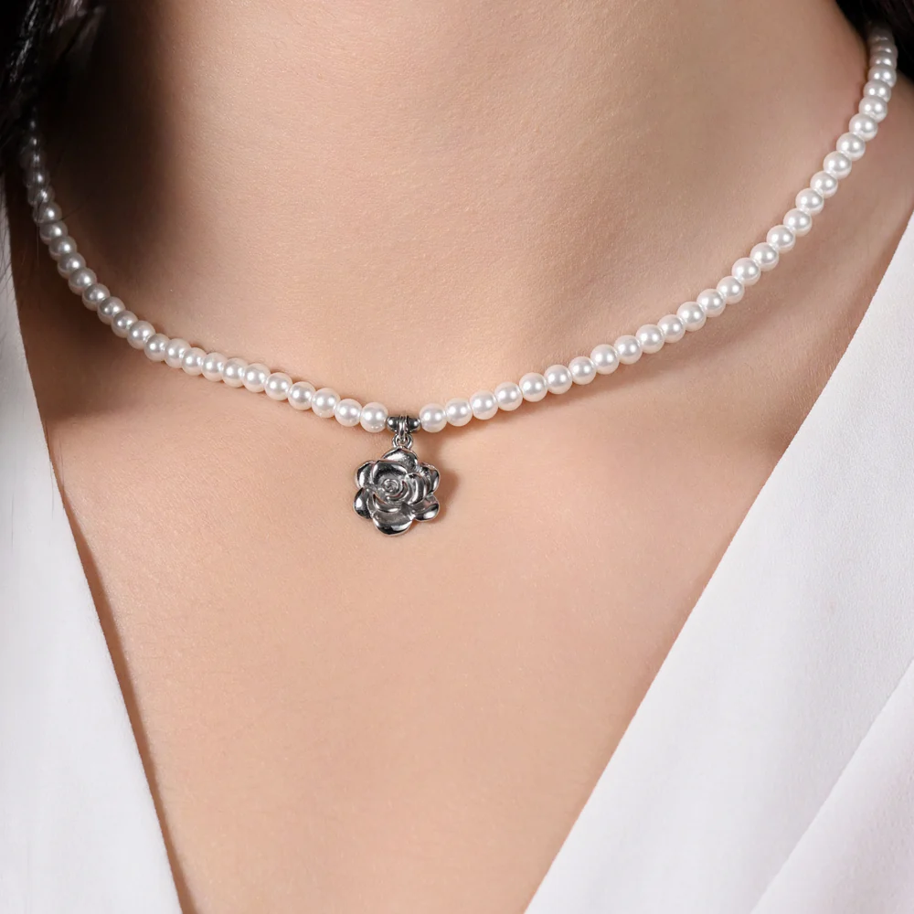 COLLANA DONNA IN ACCIAIO PERLE E ROSA IN ACCIAIO - Image 2