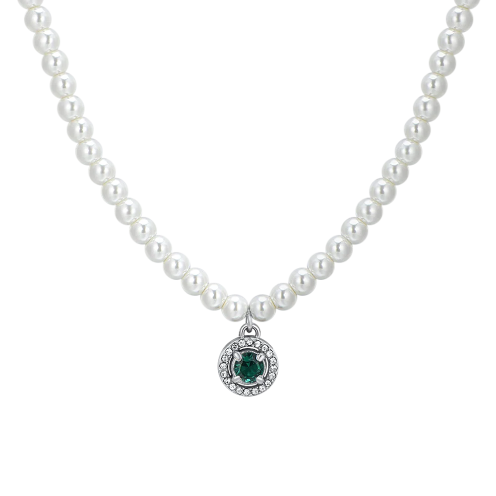 COLLANA DONNA IN ACCIAIO PERLE E ZIRCONE VERDE