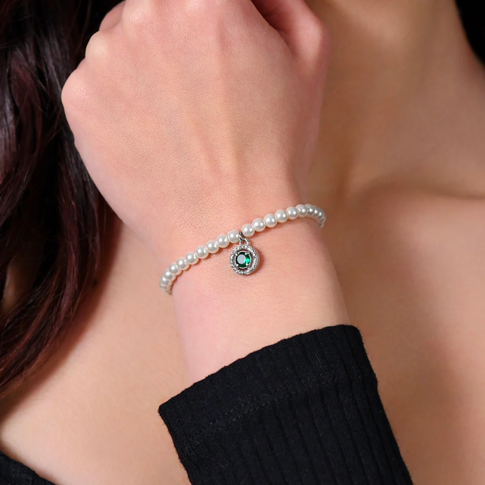 BRACCIALE DONNA IN ACCIAIO PERLE SINTETICHE E ZIRCONE VERDE - Image 2