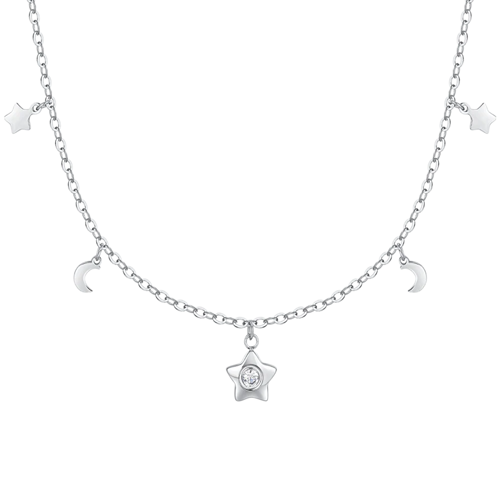 COLLANA DONNA IN ACCIAIO, STELLA CON ZIRCONE BIANCO, LUNE E STELLE