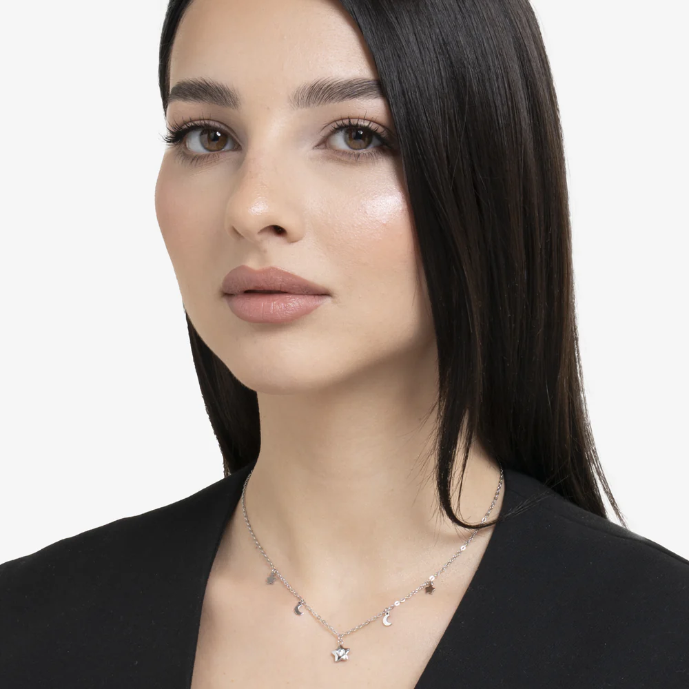 COLLANA DONNA IN ACCIAIO, STELLA CON ZIRCONE BIANCO, LUNE E STELLE - Image 3