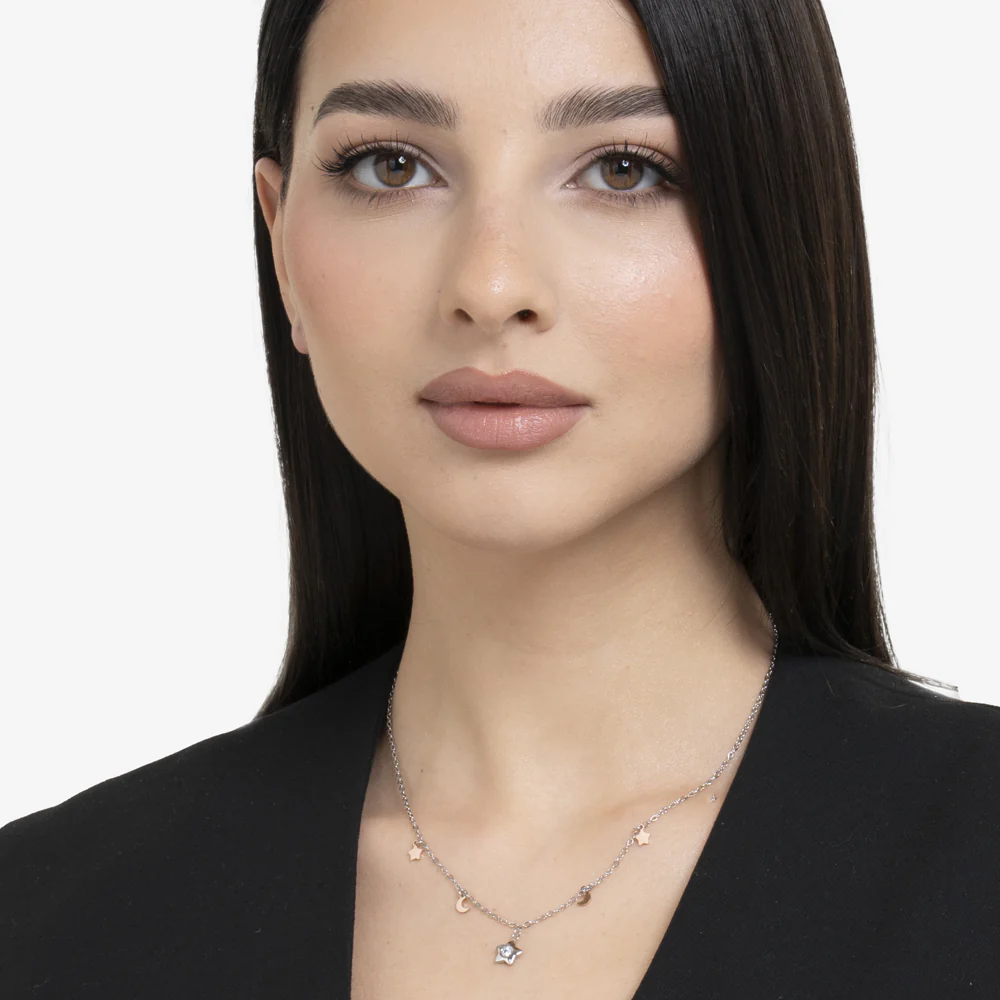 COLLANA DONNA IN ACCIAIO, STELLA CON ZIRCONE BIANCO, LUNE E STELLE IP ROSE - Image 3