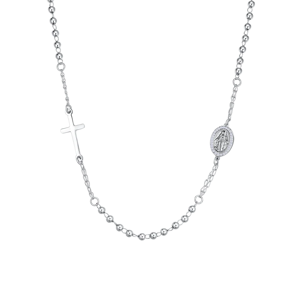 COLLANA DONNA ROSARIO IN ACCIAIO, MEDAGLIETTA CON MADONNINA MIRACOLOSA
