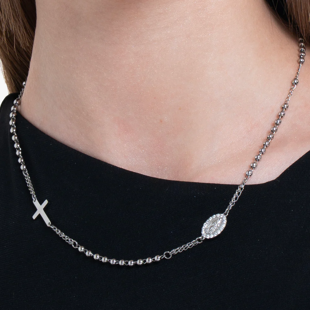 COLLANA DONNA ROSARIO IN ACCIAIO, MEDAGLIETTA CON MADONNINA MIRACOLOSA - Image 2