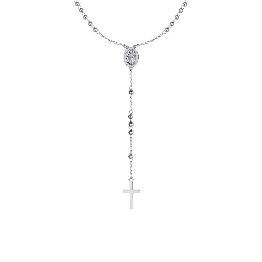 COLLANA DONNA ROSARIO IN ACCIAIO, MEDAGLIETTA CON MADONNINA MIRACOLOSA E ZIRCONI