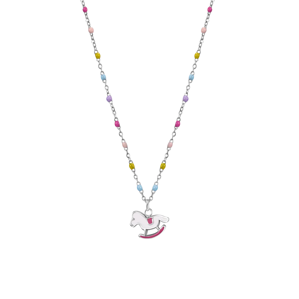COLLANA IN ACCIAIO, CAVALLO A DONDOLO CON SMALTO ROSA E FUCSIA E PIETRE COLORATE