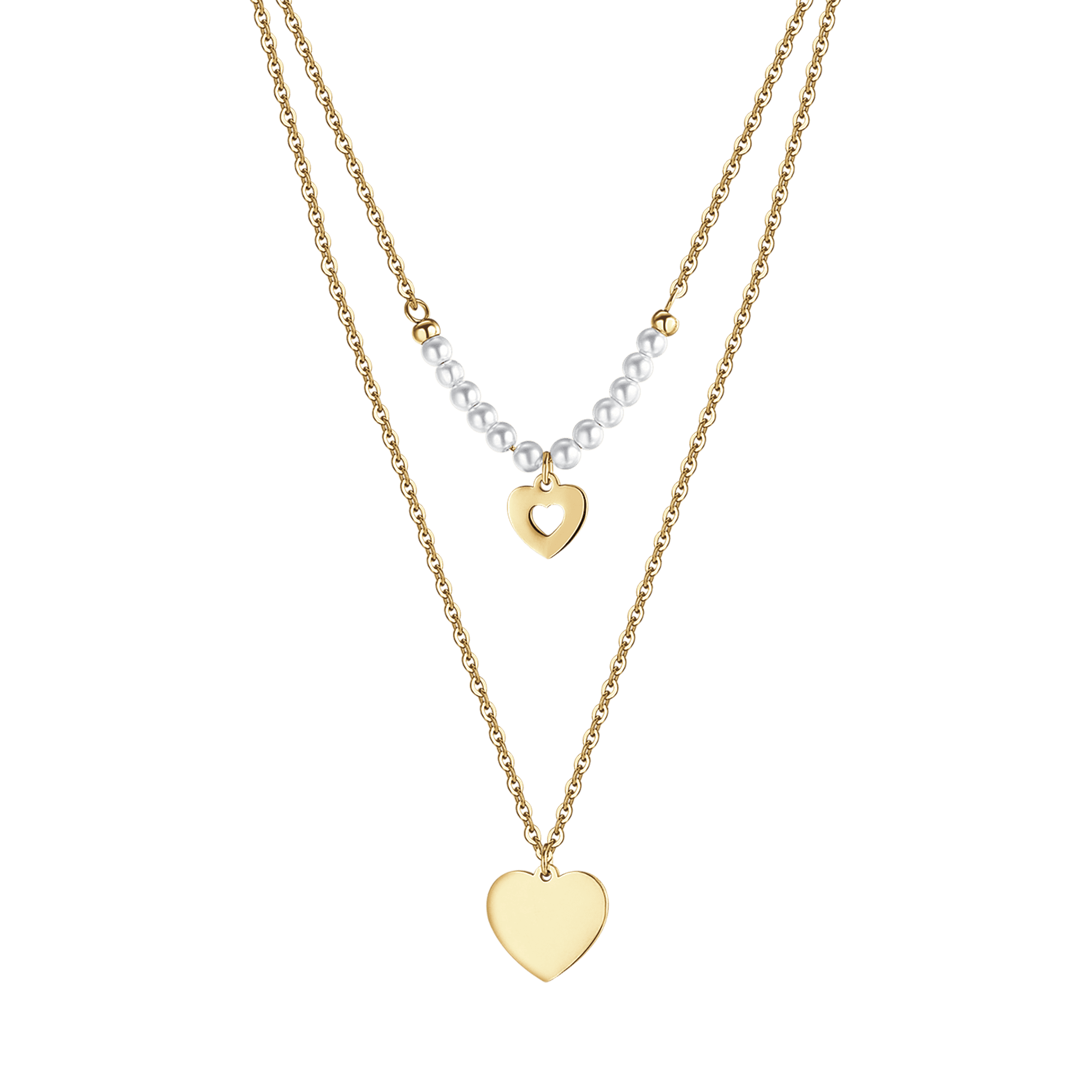 COLLANA DONNA IN ACCIAIO IP GOLD CON CUORI E PERLE BIANCHE