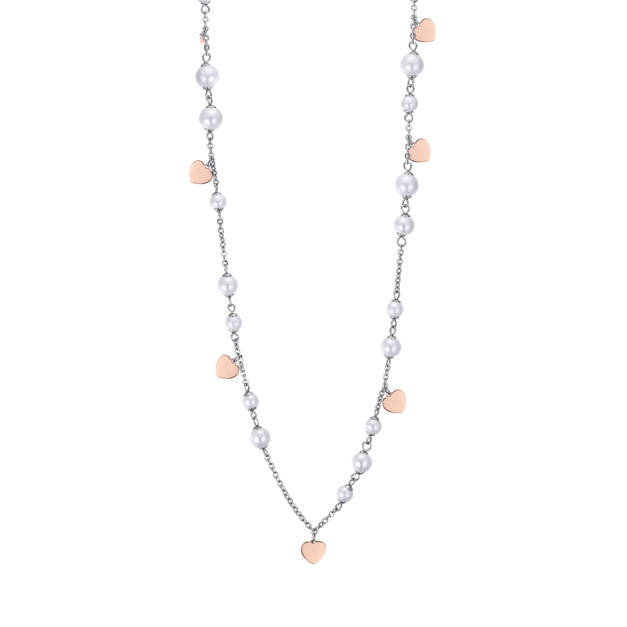COLLANA IN ACCIAIO CON PERLE BIANCHE E CUORI IP ROSE