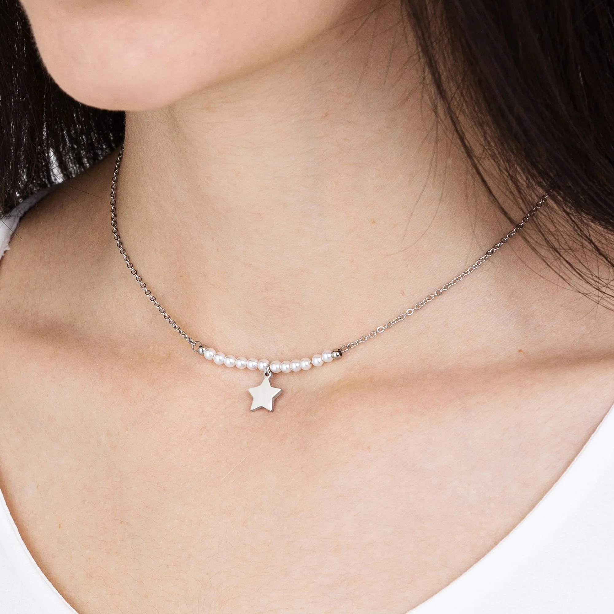 COLLANA DONNA IN ACCIAIO IP GOLD CON STELLA E PERLE BIANCHE - Image 2