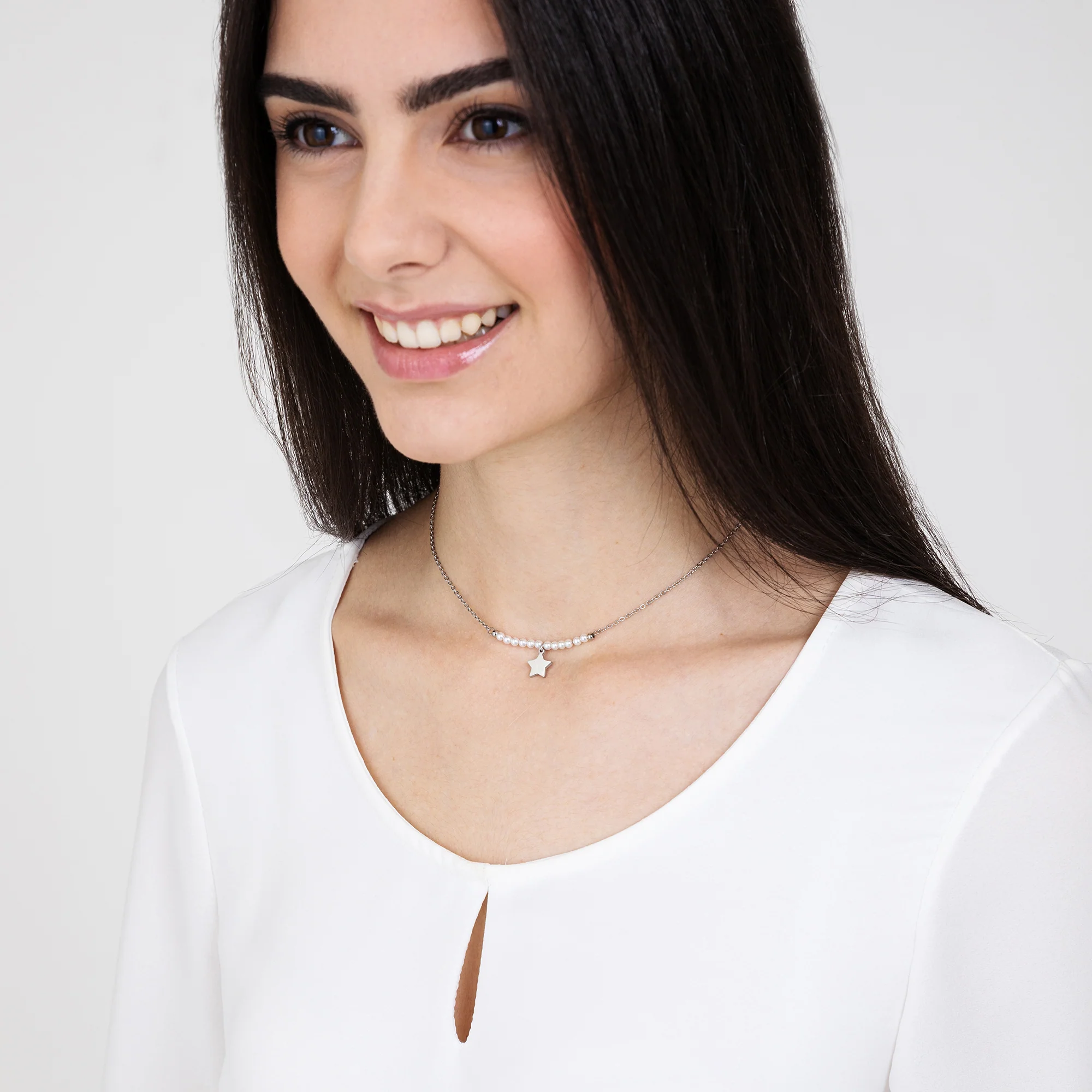 COLLANA DONNA IN ACCIAIO IP GOLD CON STELLA E PERLE BIANCHE - Image 3