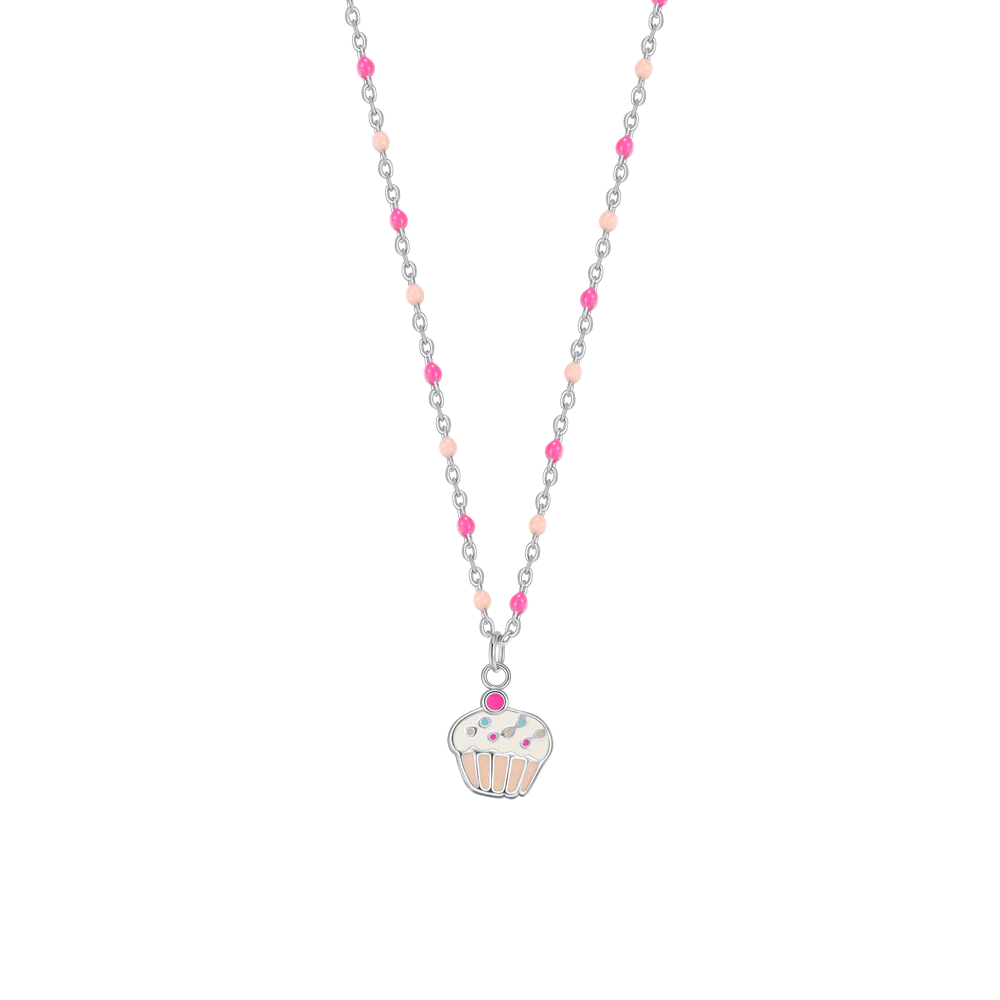 COLLANA IN ACCIAIO, CUPCAKE CON SMALTO ROSA E FUCSIA E PIETRE COLORATE