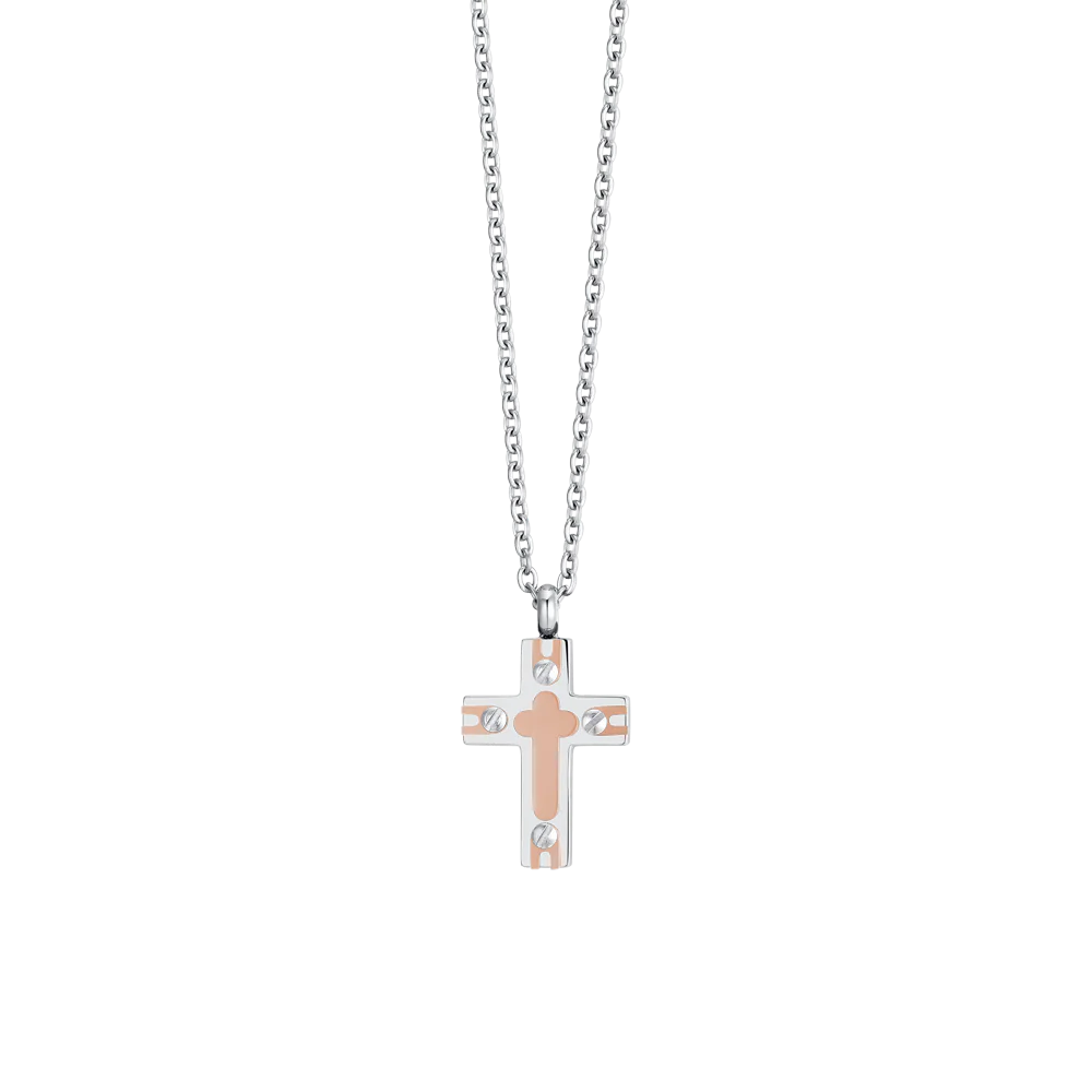 COLLANA UOMO ACCIAIO CROCE ED IP ROSE