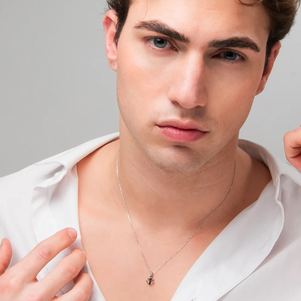 COLLANA UOMO IN ACCIAIO CON ANCORA E ZIRCONE NERO - Image 3