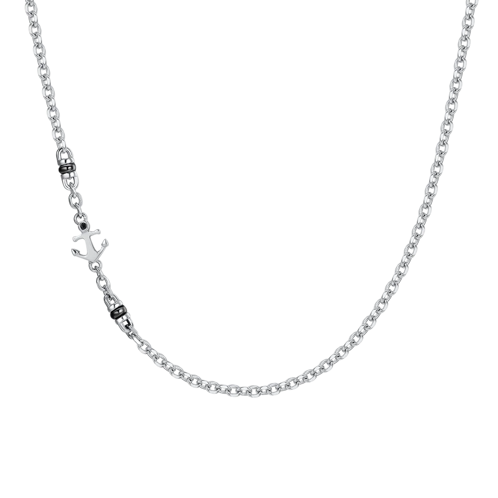 COLLANA UOMO IN ACCIAIO CON ANCORA, ZIRCONE NERO ED ELEMENTI IN IP NERO