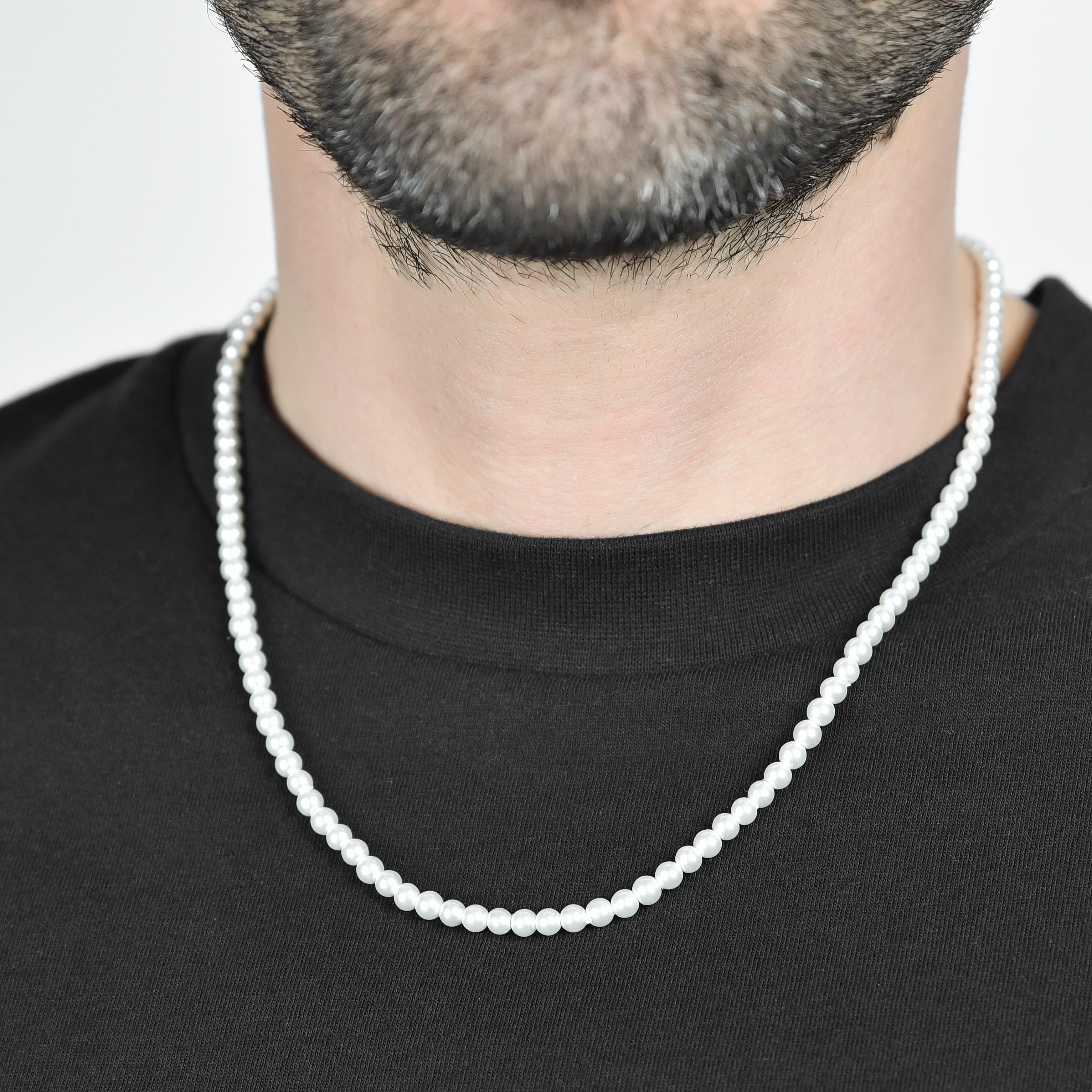 COLLANA UOMO IN ACCIAIO CON PERLE BIANCHE - Image 2