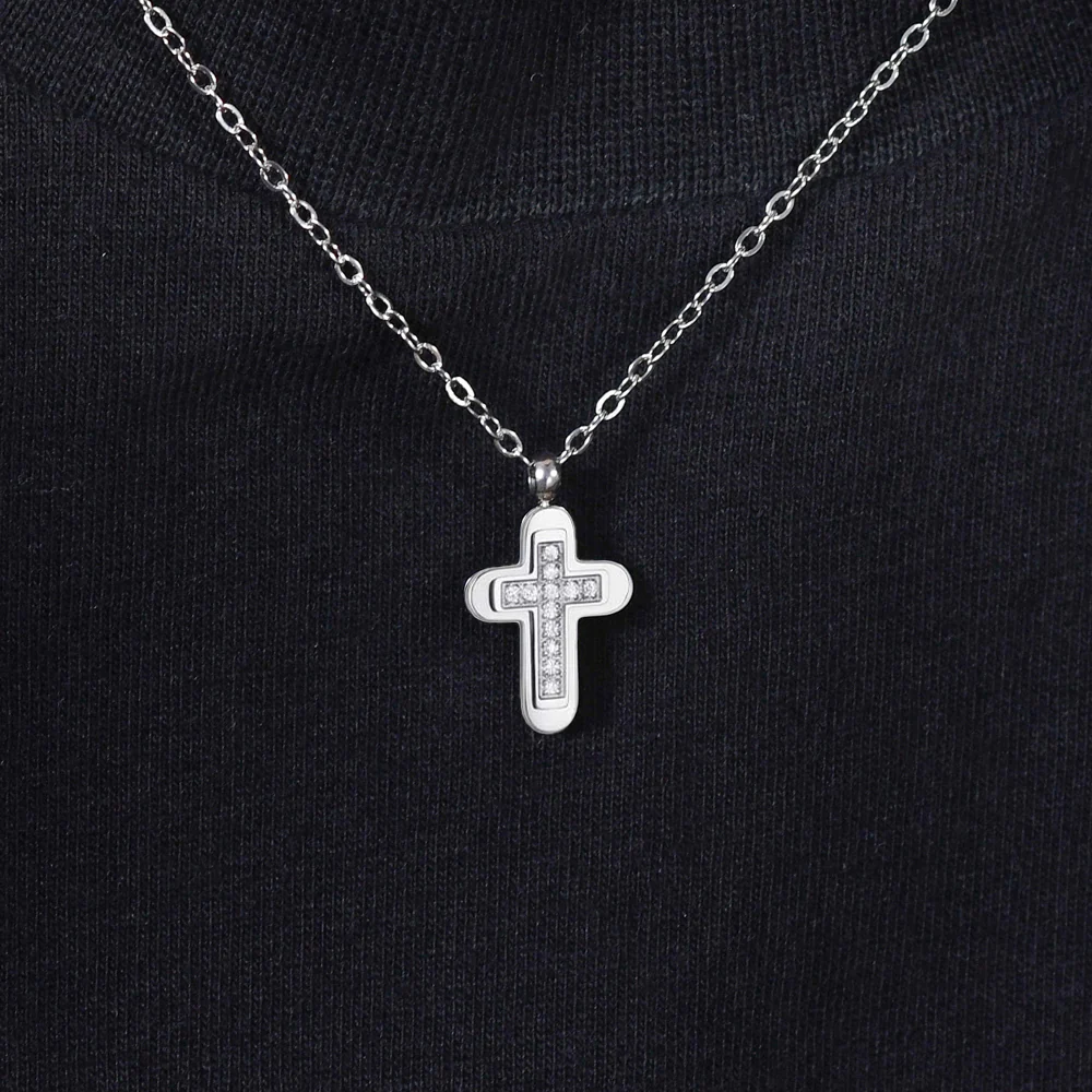 COLLANA UOMO IN ACCIAIO CROCE E ZIRCONI BIANCHI - Image 2