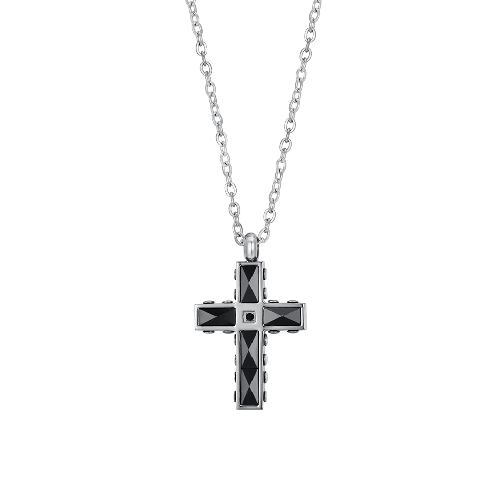 COLLANA UOMO IN ACCIAIO CROCE IN ACCIAIO E CERAMICA NERA CON CRISTALLO NERO