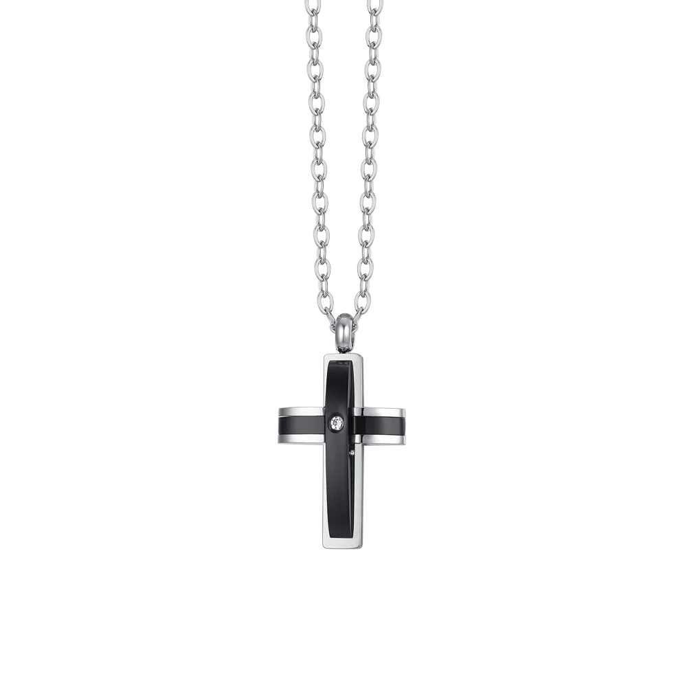 COLLANA UOMO IN ACCIAIO CROCE IP NERO E ZIRCONE