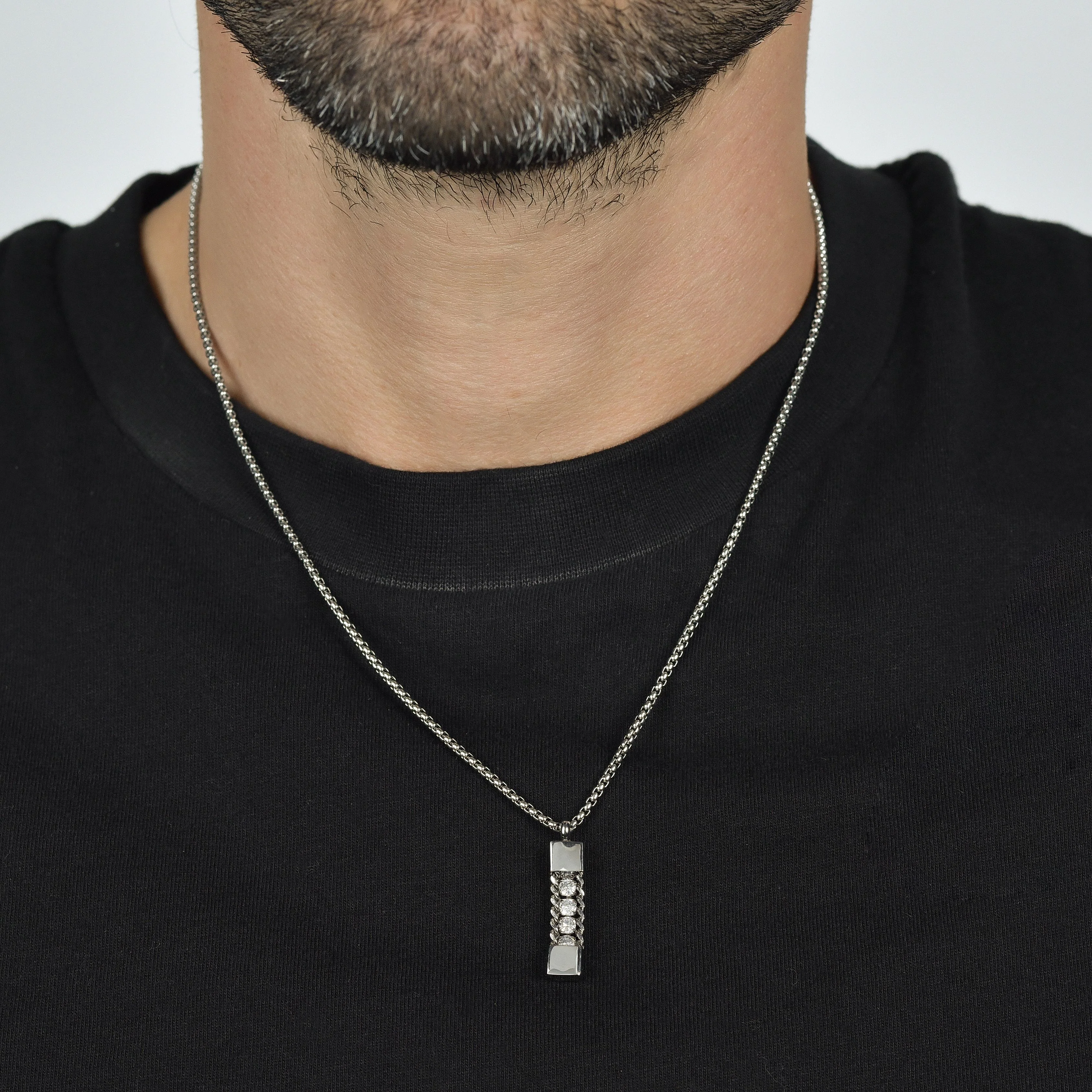 COLLANA UOMO IN ACCIAIO ELEMENTO CON CRISTALLI BIANCHI - Image 2