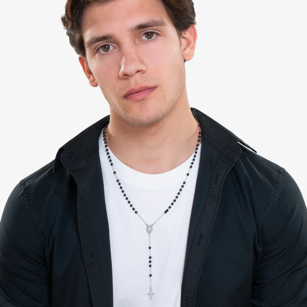 COLLANA UOMO ROSARIO SFERE IN ACCIAIO NERO E ACCIAIO - Image 3