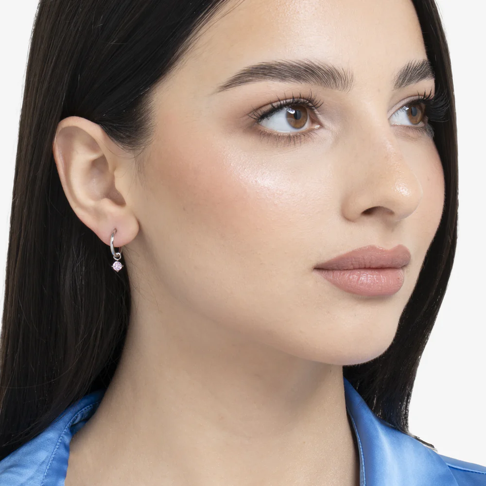 MONO ORECCHINO DONNA CERCHIO IN ACCIAIO CON ZIRCONE ROSA - Image 3