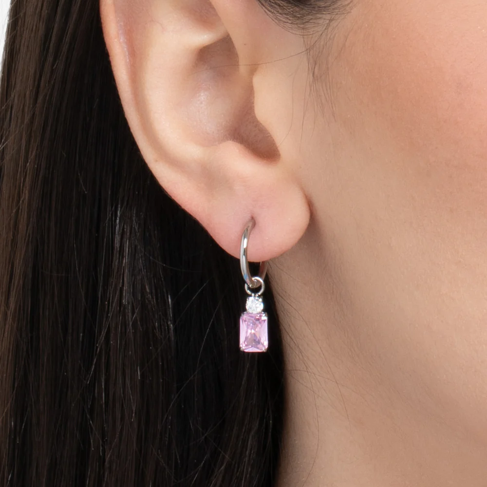 MONO ORECCHINO DONNA IN ACCIAIO CON ZIRCONI ROSA E BIANCHI - Image 2