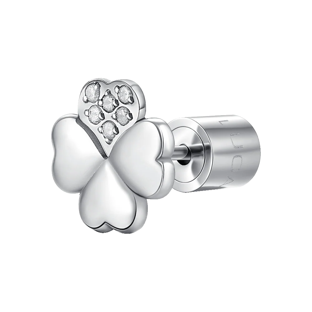 MONO ORECCHINO DONNA IN ACCIAIO CON QUADRIFOGLIO CON PETALO CON PUNTI LUCE ZIRCO