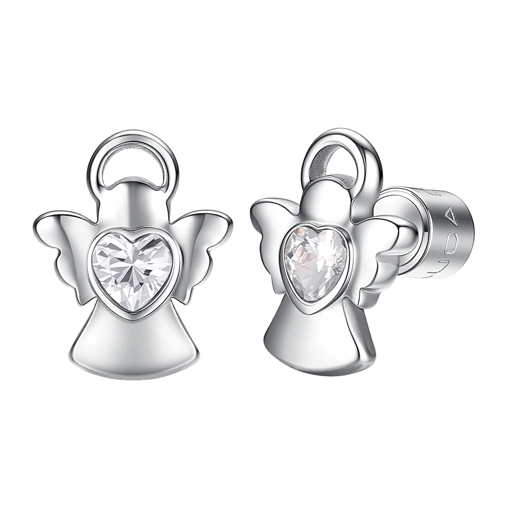ORECCHINI BAMBINA IN ACCIAIO ANGELO CON ZIRCONE BIANCO