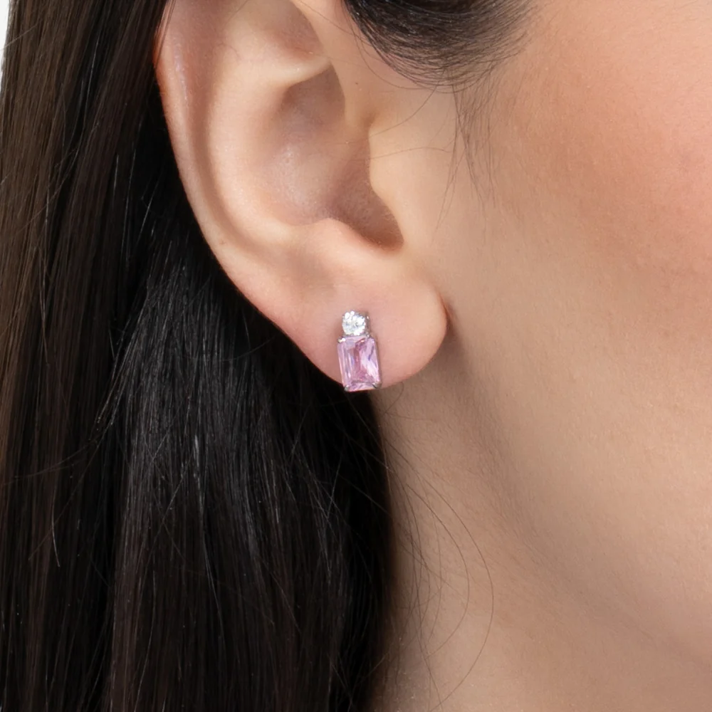 ORECCHINI DONNA IN ACCIAIO CON ZIRCONI ROSA E BIANCO - Image 2